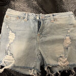 True Religion Light Blue Distressed Jean Shorts
